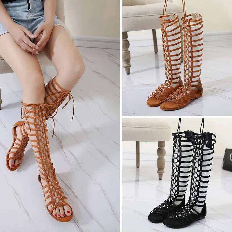 Women Strappy Open toe Knee High Summer Gladiator Flat Sandals Roman Bandage Casual Boots shoeskf65