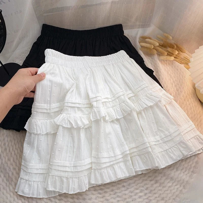 Sweet Cute Lace Mini Skirt Women Kawaii White Ruffles Pleated Short Skirts Woman 2025 Summer Korean High Waist A Line Skirts 250227