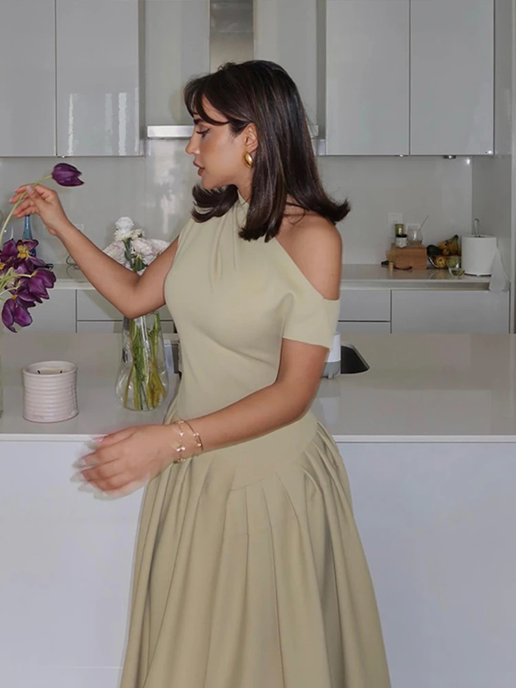 Elegant Pleated Midi Dress For Women Fashion Street Short Sleeve Patchwork Long Dress Casual Office Lady Irregular Neck Dresses 250226