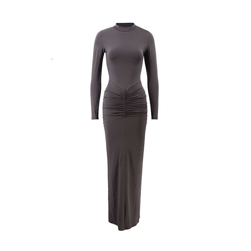 European American autumn winter temperament socialite private dress standing collar sleeved waist slim fit bag hip cinched pleated long skirt 2025 new