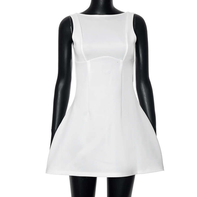 M24DS068 European and American style summer women's solid color round neck sleeveless backless high waisted dress wholesale 2025 new casual fashi
