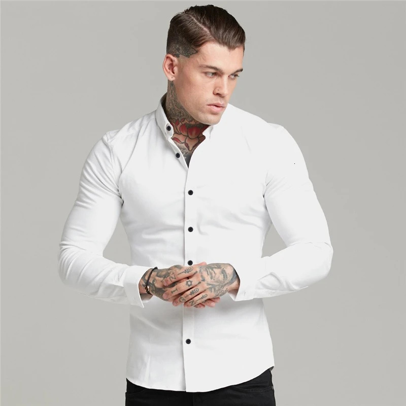 Autumn Fashion Long Sleeve Shirt Mens Spring Super Slim Fit Casual Social Business Dress Men Gym Fitness Sports Clothing 250226