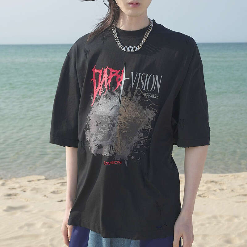Civision CSC letter print, hole breaking, knife cutting, destruction, niche Vibe trendy brand, summer versatile short sleeved T-shirt