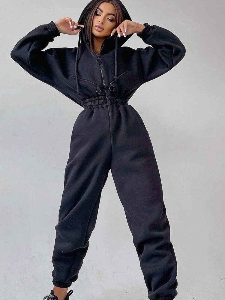Autumn womens monochrome long sleeved jumpsuit solid color zipper sportswear winter casual track and field clothing fashionable hoodie 250225