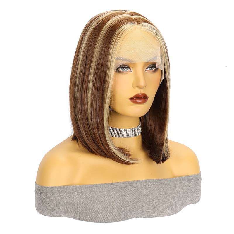 HD Front Lace Wig Hand Hook Front Wig Female BOBO Short Straight Fiber Headset Lace Wigs Gradient Gold