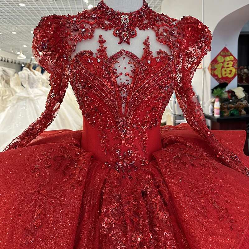 Dresses with Sequins Backless, Wedding Dresses, Full Puff Sleeves, Neck, Red, 2023, XS100