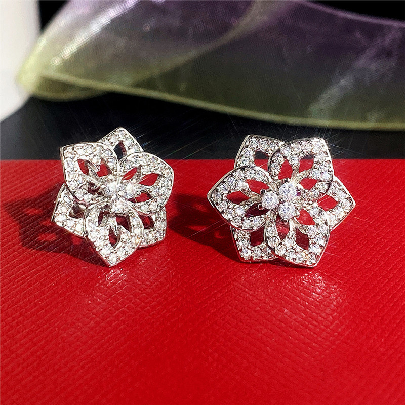 Stud Earrings 925 Sterling Silver Stud Hollow Rose Diamond Stud Women Fashion Sparkling Crystal Stud Engagement Party Jewelry