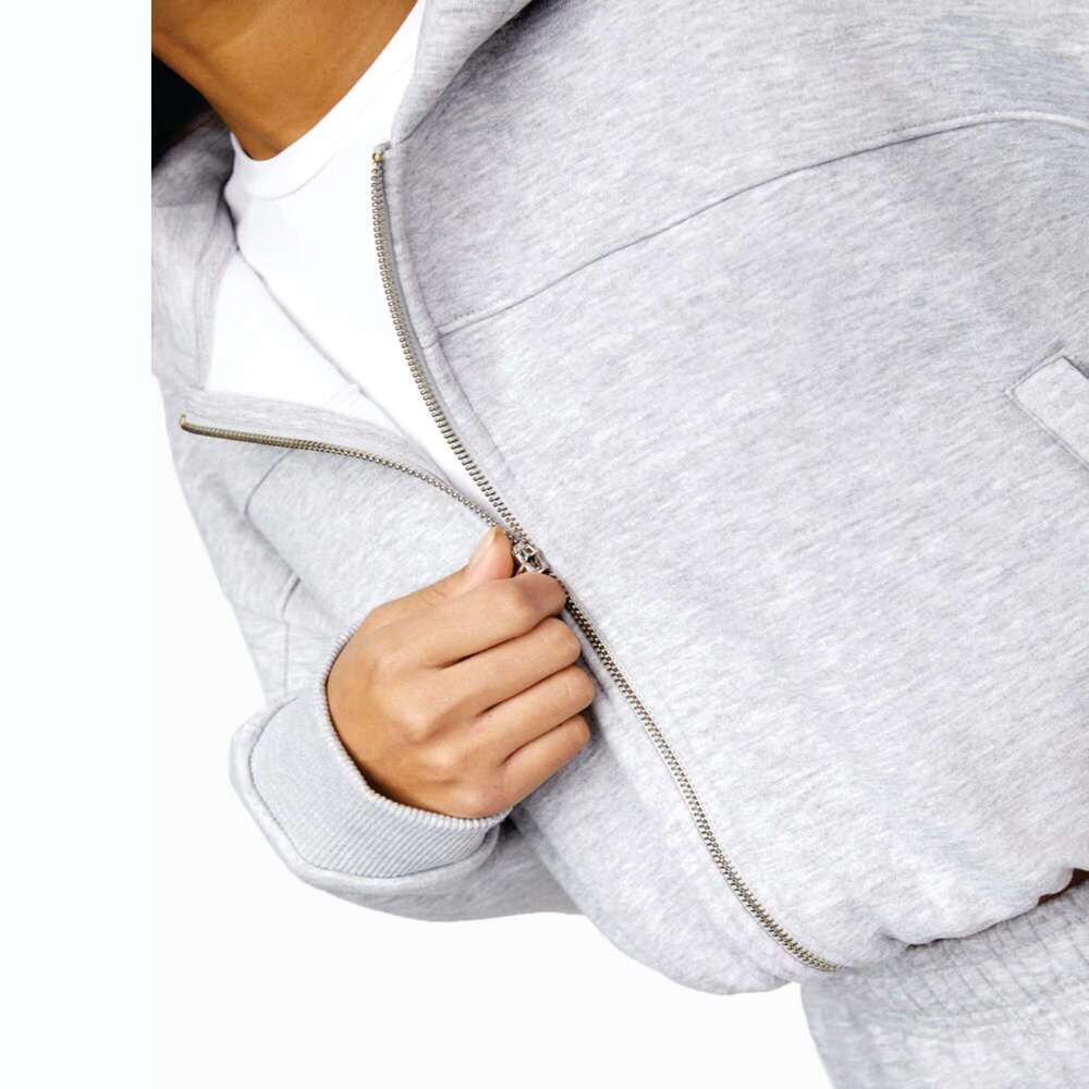 Women's Heather Grey Cropped Hoodie - 65% Cotton, 35% Polyester, Full Zip Athletics Club Tracksuit Top