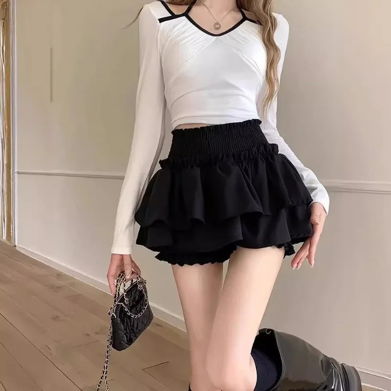 Mini Skirt Cute Sexy Balletcore Elastic High Waist Ball Gown Ruffle Patchwork Lolita Short Korean Sweet Y2K Women Clothing 250226