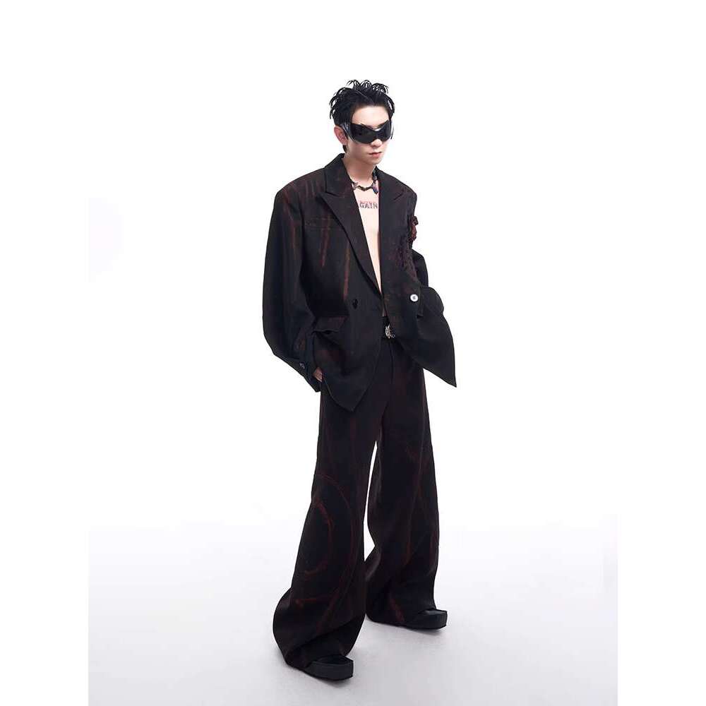 Leather Pants STARTEXCEEDED "Night Rose" Handmade Graffiti Jacket For Men's Autumn And Winter Nightlife High-End Suit coat
