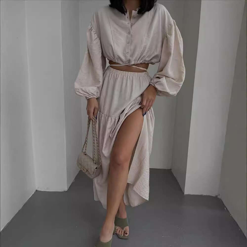 2024 European and American new lace up long sleeved top pleated split skirt set