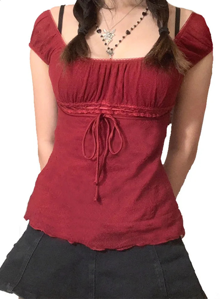 2000s Aesthetic Sweet Lace Top Off Shoulder Drawstring Tshirt Korean Fashion Female Tee Fairy Grunge Streetwear 250224