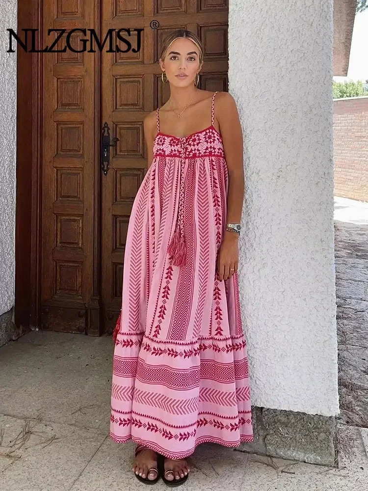 TRAF Women Bohemian Midi Dress Vacation Charm Splice Knitted Vintage Strap Dress Women Dresses Women 250226