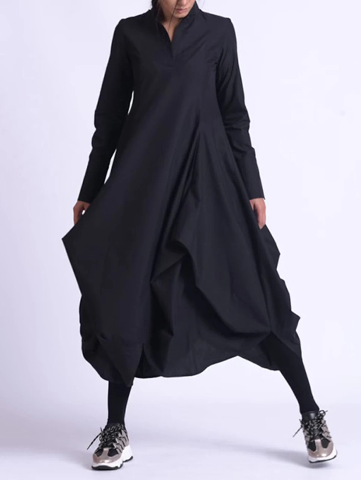Solid Color Stand Collar A-Line Midi Dress Chinese Style Vintage Long Sleeve Casual Elegant and Pretty Womens Dresses 250226