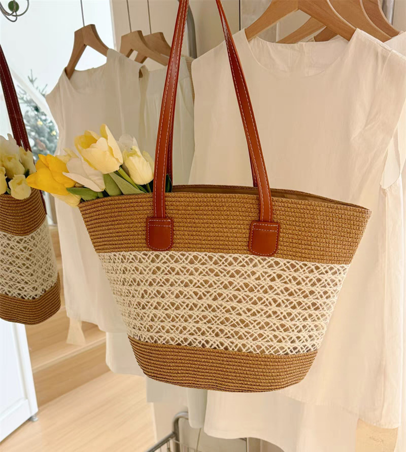 2025Grass bag for women, summer handbag, beach tote large capacity shoulder rattan woven grass bucket bag, trendy #swissmilitary