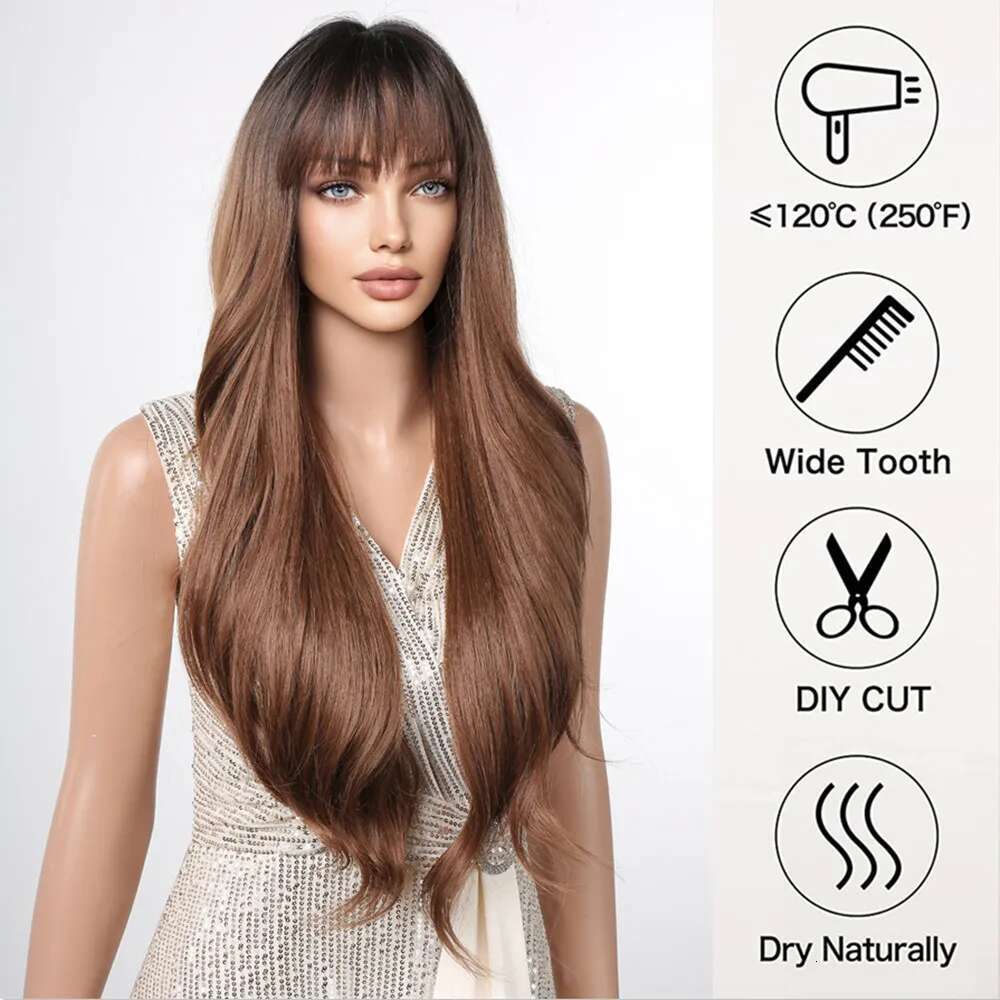 Ombre Honey Brown Synthetic Hair Wigs Long Natural Body Wavy With Bangs Realistic Daily Party Soft Wig Heat Resistant Fiber