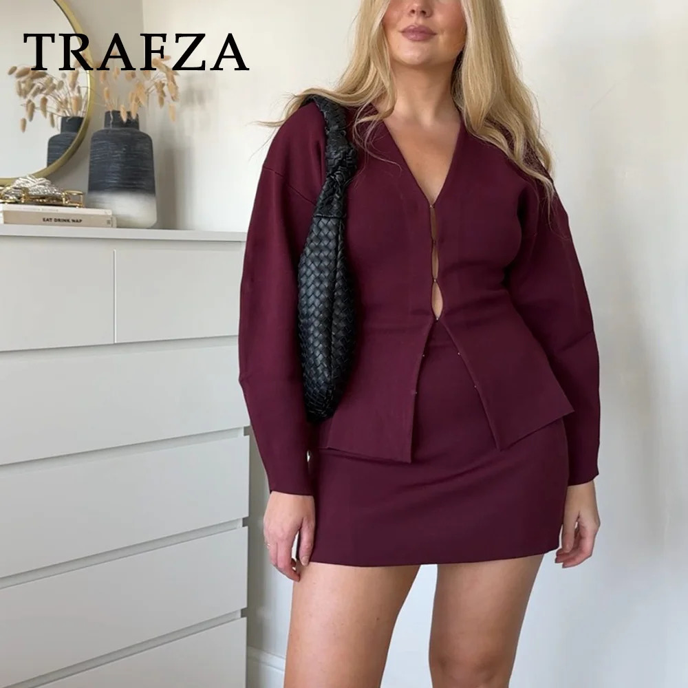 TRAFZA Autumn Winter Streetwear Women Knitted Suits Fashion Elegant V Neck Single Breasted ShirtsChic Mini Skirts 250225