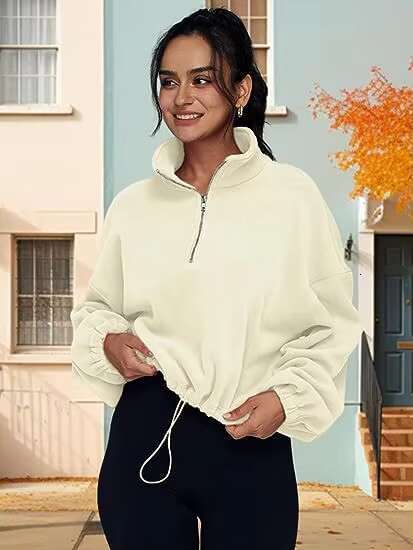 Women's Half Zippered Standing Neck And Drawstring Fleece Sweater Hoodie