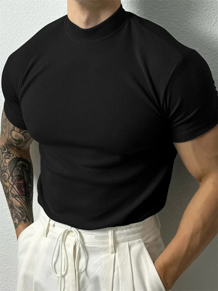 Men summer fashion Mens Tshirt Small high collar stripe shirt short sleeve fitness top closefitting sports 250228Z