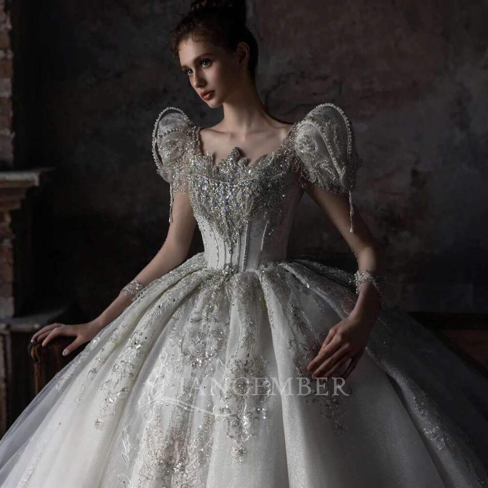 Women's Ball Gown Vscalloped Appliques Long Sleeve Custom Wedding Elegant Satin Novia Dresses