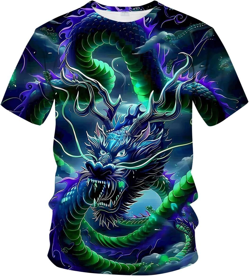 Mens T shirt Mythology Chinese Dragon T-Shirt Funny Anime Graphic Tee Shirt tee Casual tops summer clothes Cool Blue