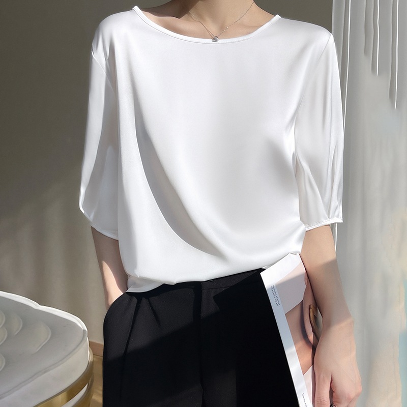 Breathable silk satin spring and summer new women's clothing round neck loose solid color acetic acid satin versatile T-shirt top