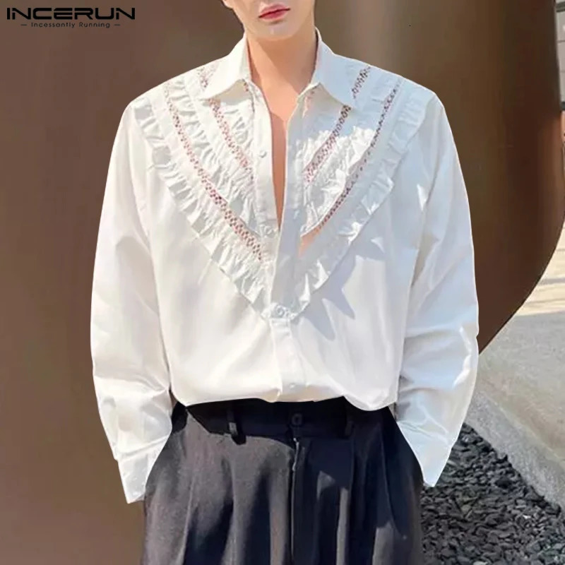 Fashion Well Fitting Tops INCERUN Mens Spliced Ruffled Edge Hollow Shirt Male Casual All-match Long Sleeved Blouse S-5XL 250224