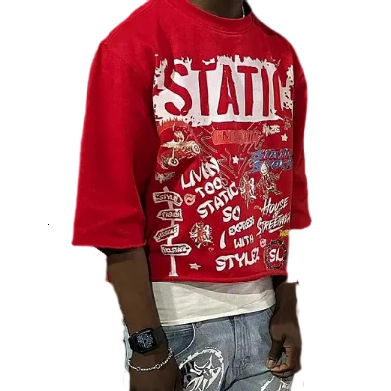 Y2k American Retro Red Letter Casual Short-sleeved Rock Hip-hop Street Print Oversized T-shirt Round Neck Cotton Short-sleeved 250227