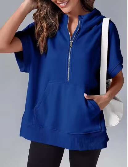 2024 Women's Spring New European And American Solid Color Casual Short Sleeved Hoodie