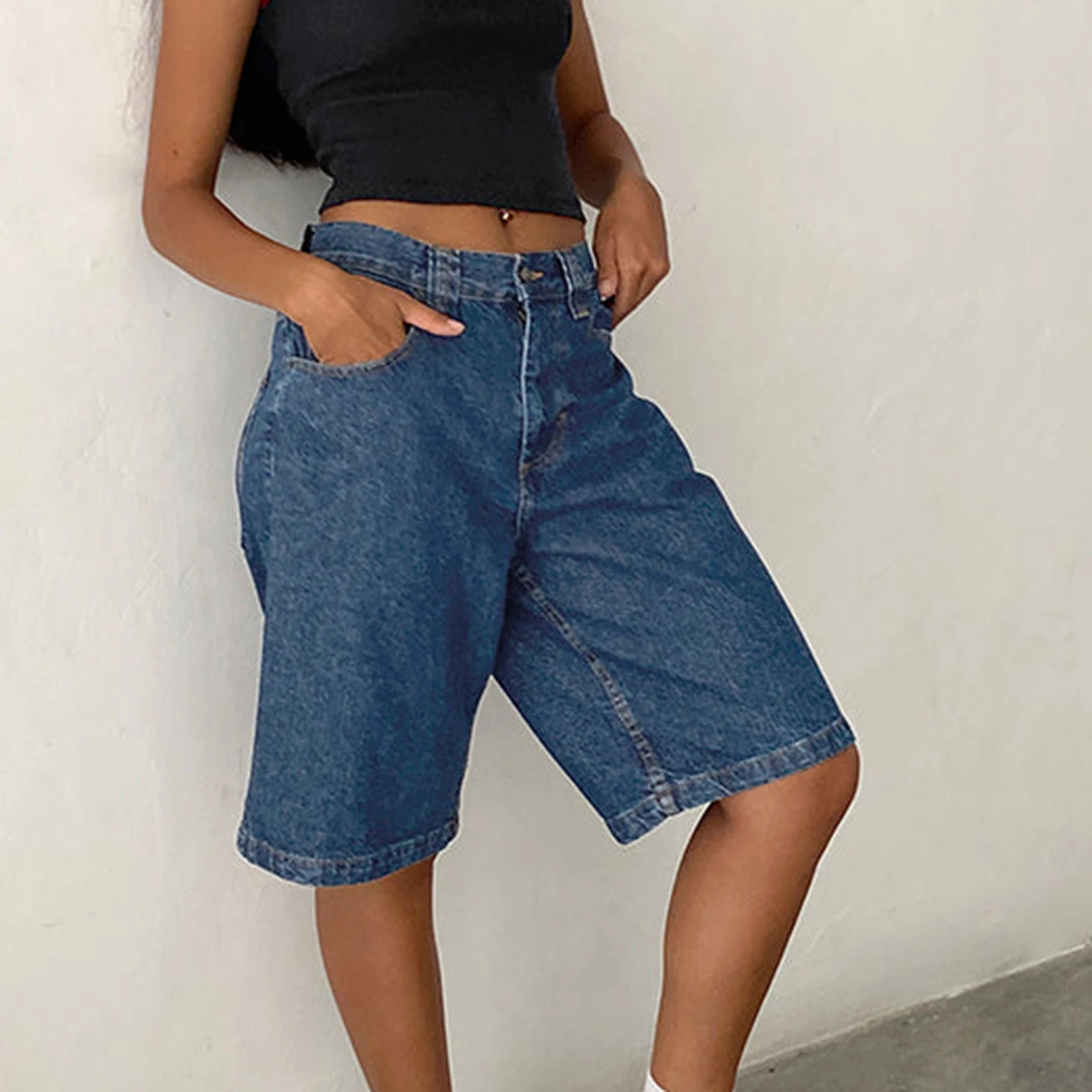 Imcute Women Baggy Denim Bermuda Shorts Y2k Vintage Straight Leg Denim Shorts Casual Knee Length Jean Jorts with Pockets 250227