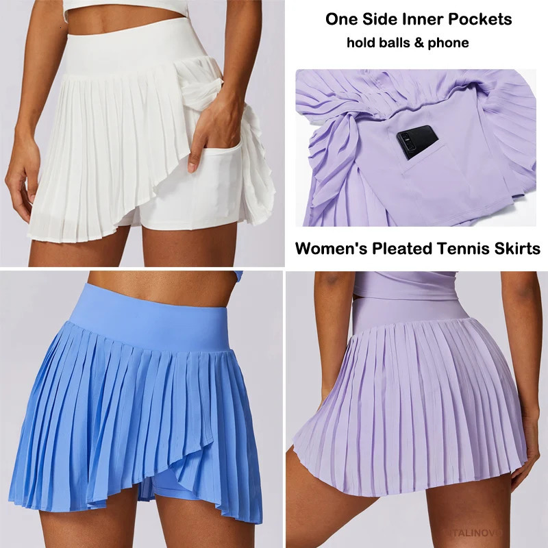 VITALINOVO Womens High Waisted Pleated Tennis Skirts with Pockets Tummy Control Casual Liner Skorts A Line Workout Golf Skirts 250224