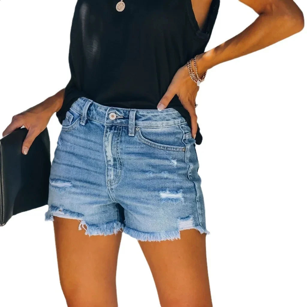 2024 Trendy Fourcolor Hole Lifting Hip High Waist Womens Denim Shorts Plus Size Clothing Short 250228Z