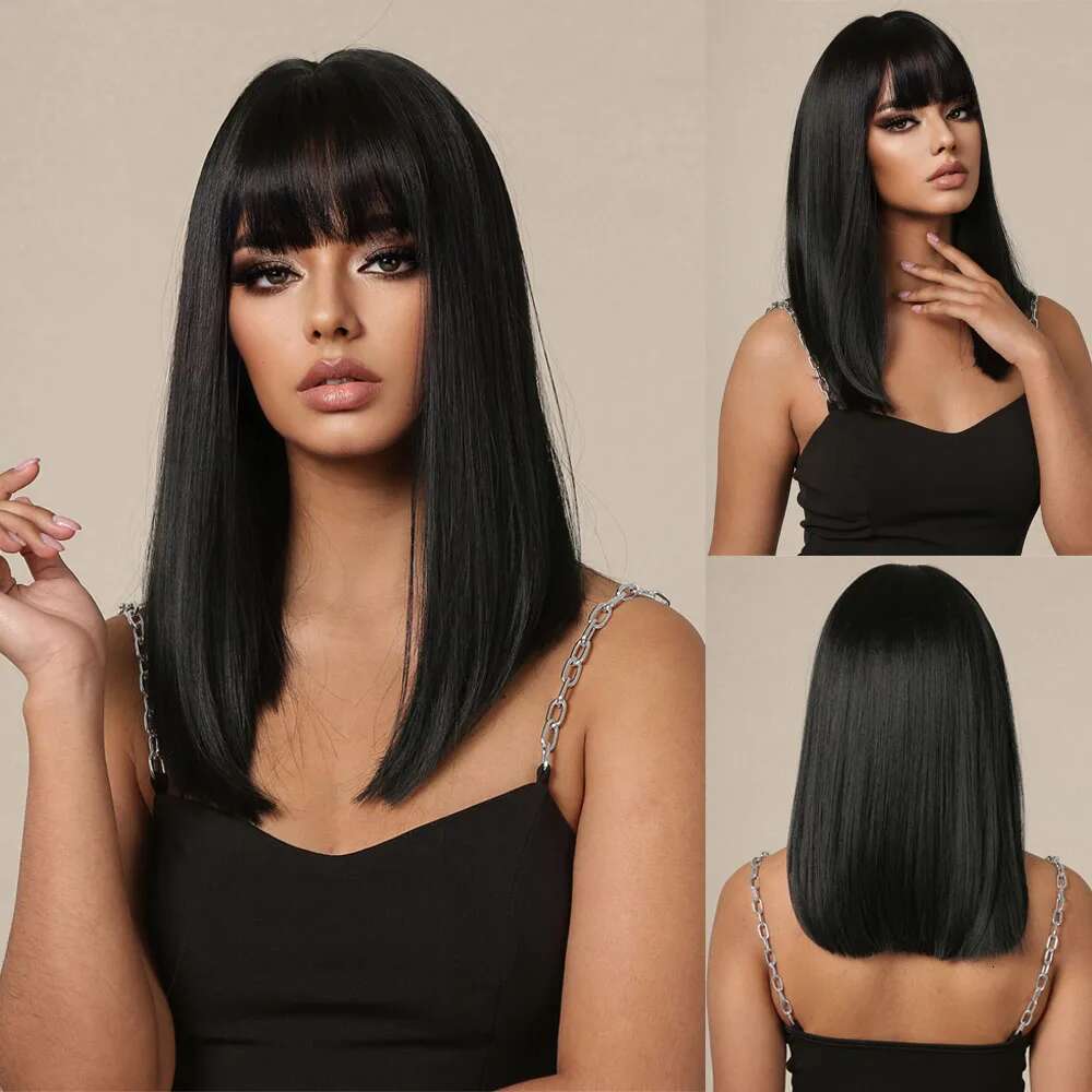 Straight Black Bob Synthetic With Bangs Medium Long Cosplay Layered Wigs For Woman Natural Hair Daily Wig Heat Resistant