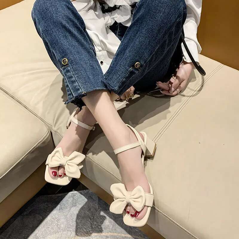 Sandals Women Summer New Fashion Square Head Bow French Buckle Belt Thick Heel Shoes Lady Sexy Work High Heels Beige Green