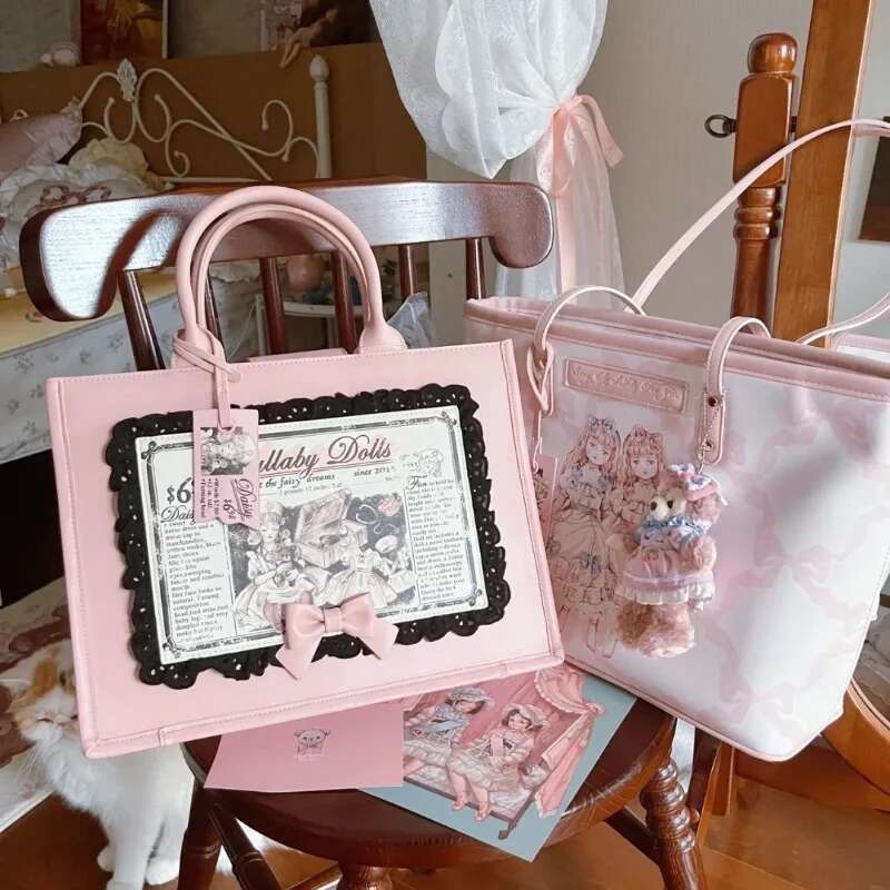 Vintage Sweet Pink Handbags For Women Classic Large Capacity Lolita Bow Shoulder Teenage Girls PU Tote Bag Haruku