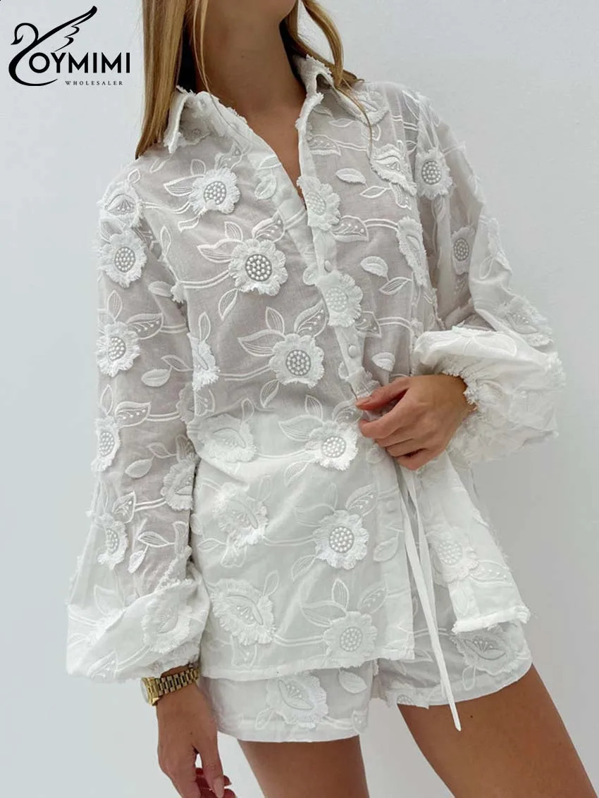 Oymimi Women's White Jacquard Button Shirt and High Waist Skinny Slim Shorts Set - Acetate Wrist Sleeve Top, Casual Vacation Two-Piece Summer Outfit - view 4