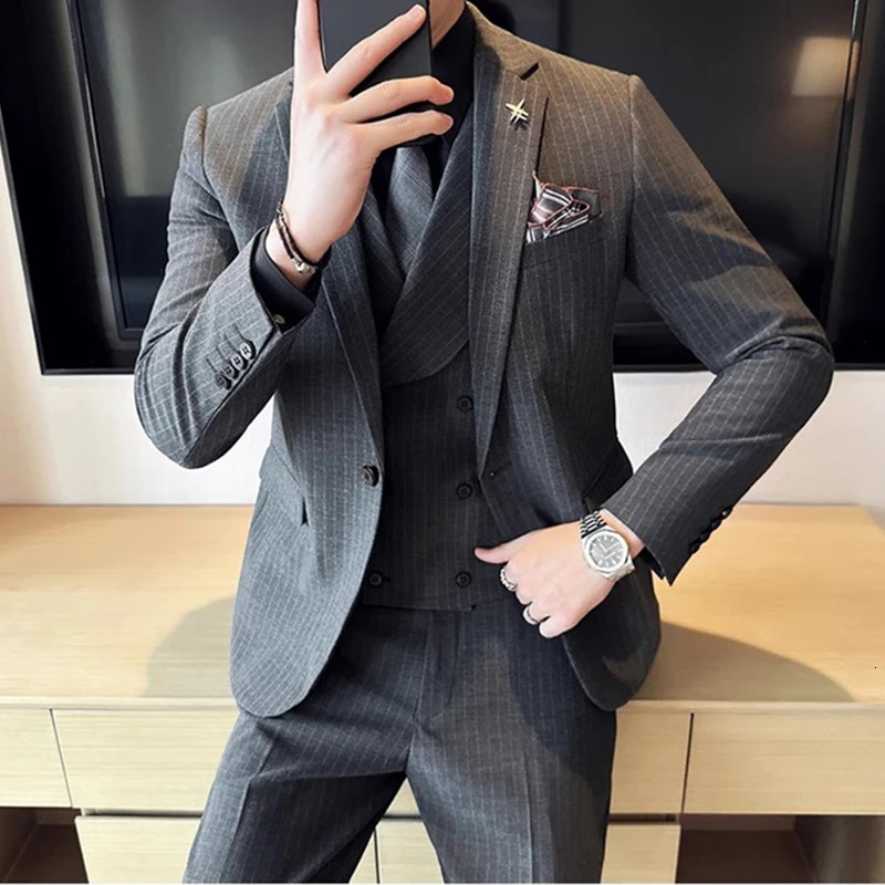 2023 Fashion Men Casual Boutique Business Striped Slim Fit Wedding Dress Suit Coat Set Male 3 Pcs Blazers Jacket Pants Vest 250224