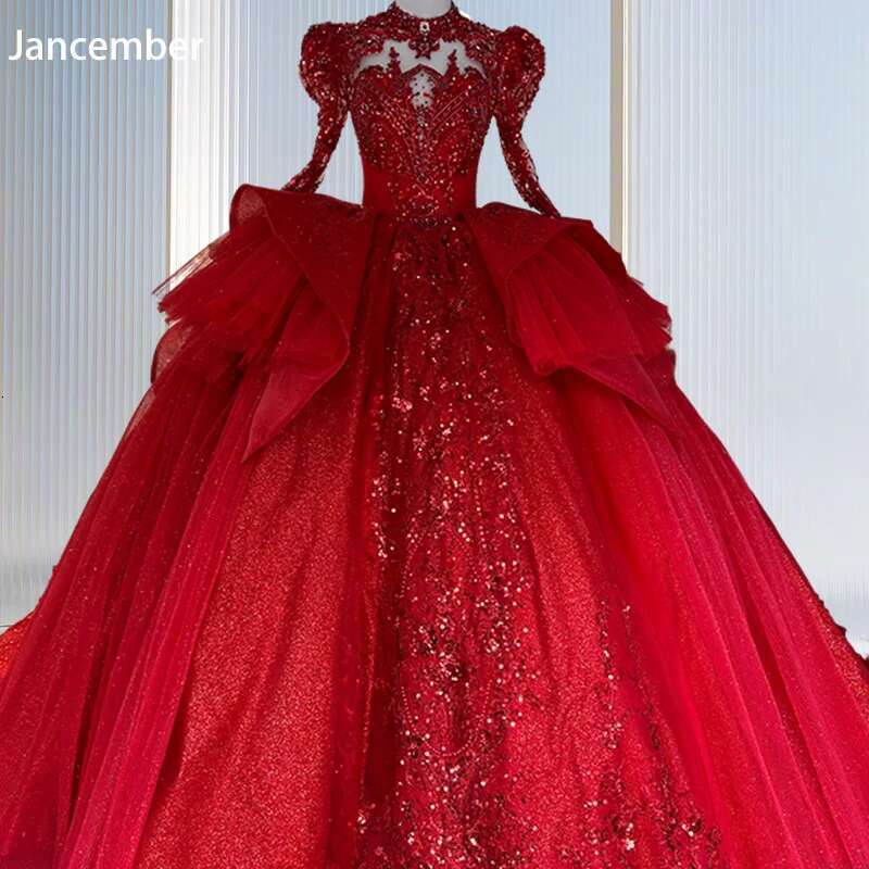 Dresses with Sequins Backless, Wedding Dresses, Full Puff Sleeves, Neck, Red, 2023, XS100