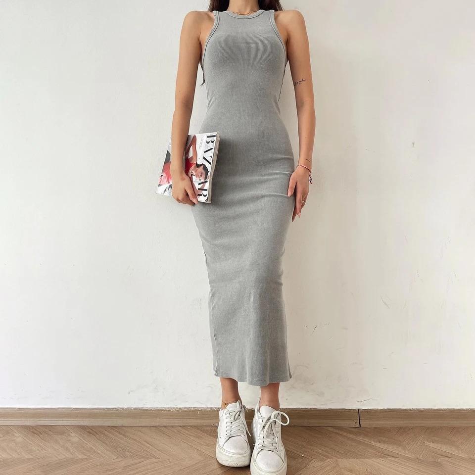Solid Basic Retro Sleeveless Strapless Tight Womens Summer Knitted Dress Casual Sexy Ultra Thin Hip cover Midi Womens Dress 250226