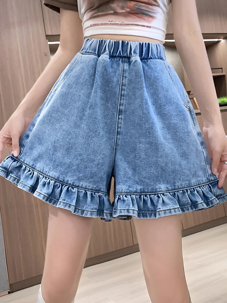 Ruffles Plus Size Denim Shorts For Women Summer 2024 Elastic Wasit Blue Color Jeans Korean Style Fashion Womens 250228Z
