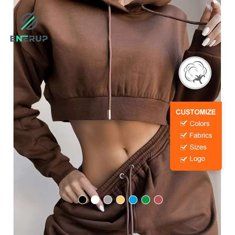 Enerup High Quality Women's Cropped Sweatshirts Plain Pullover Girls' Hoodies Set