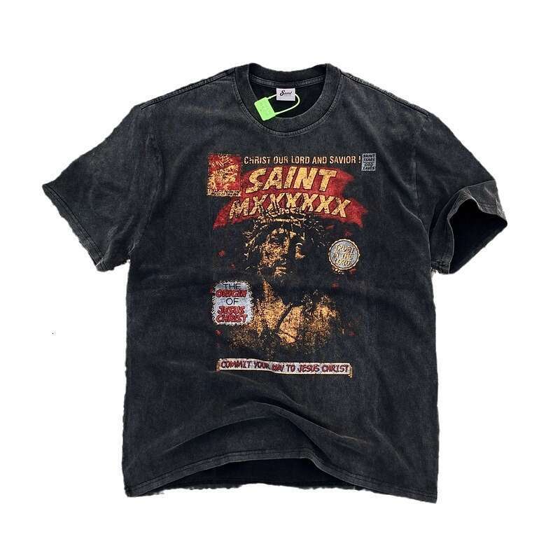 SAINT MICHAEL commemorative high street distressed washed vintage loose men's short sleeved trend