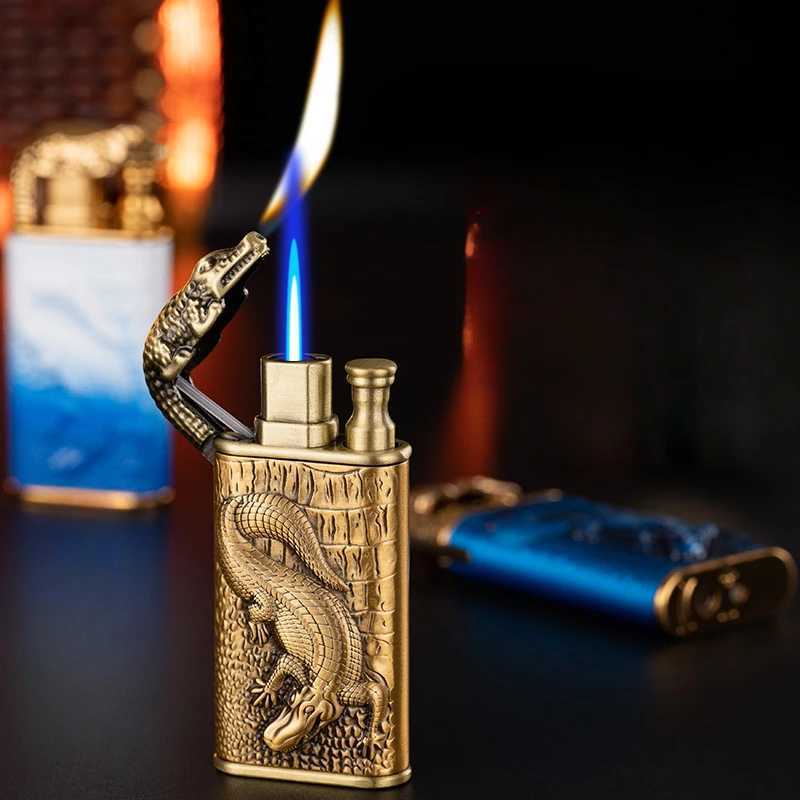 2024 3D Relief Dragon Crocodile Double Fire Lighter Metal Windproof Jet Fire Open Fire Conversion Gas Lighter Smoking Mens Gift Y250228