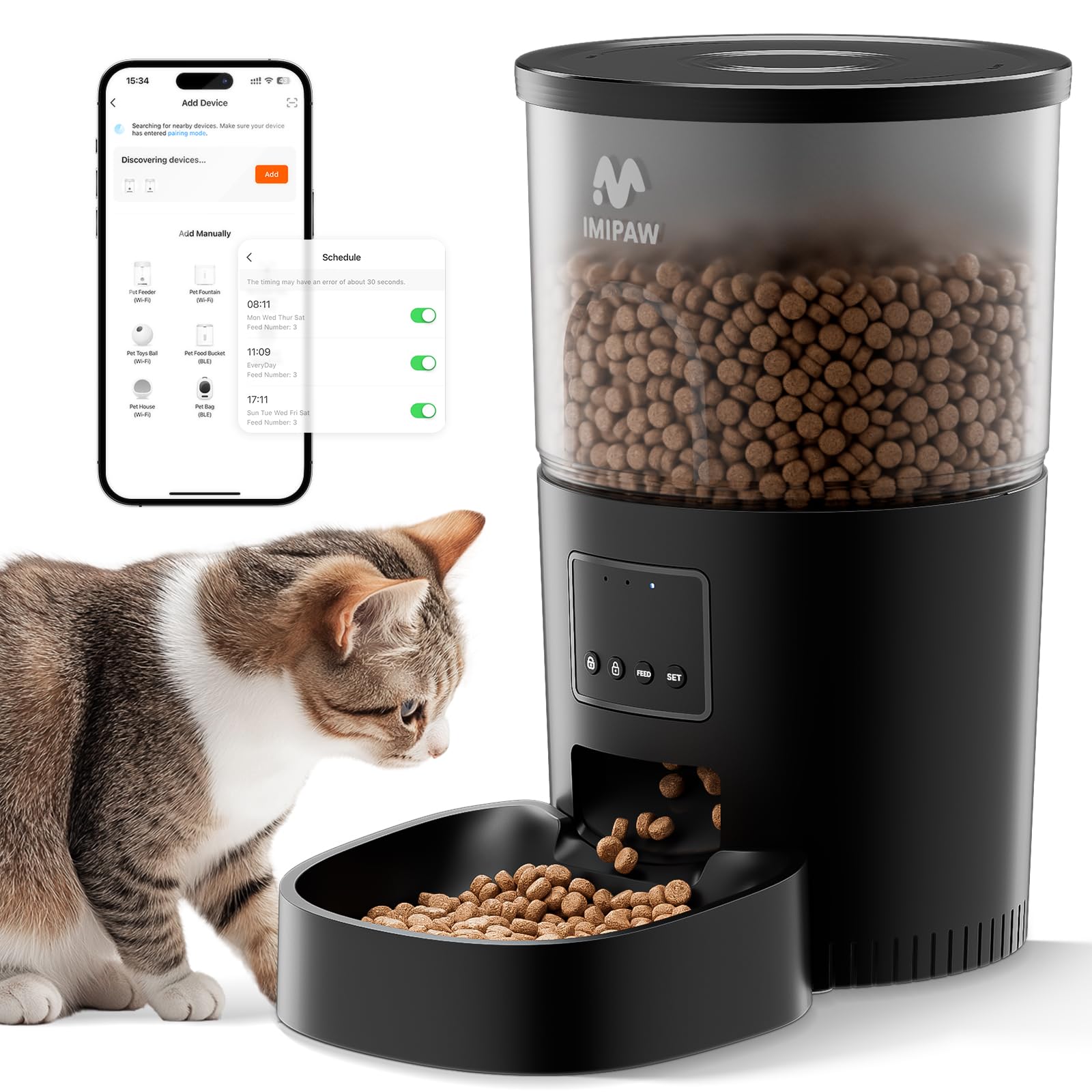 Automatic Cat Food Dispenser, WiFi Cat Feeder with APP Remote Control for Dry Pet Food, Programmable Timer, Dual Power Supply, Slow Feeder for Cats & 