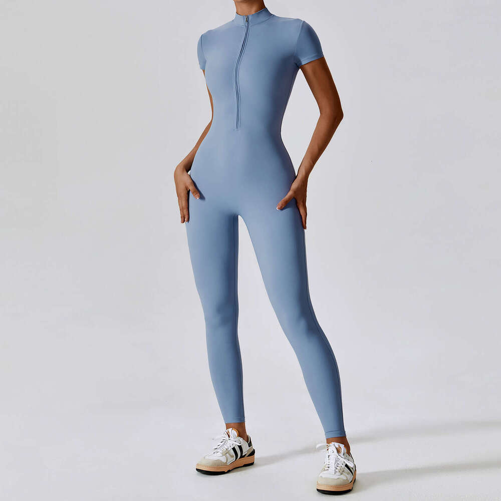 European American zipper short sleeved nude yoga women wearing fiess sports jumpsuit 8305, new casual and versatile fashion clothing for 2025