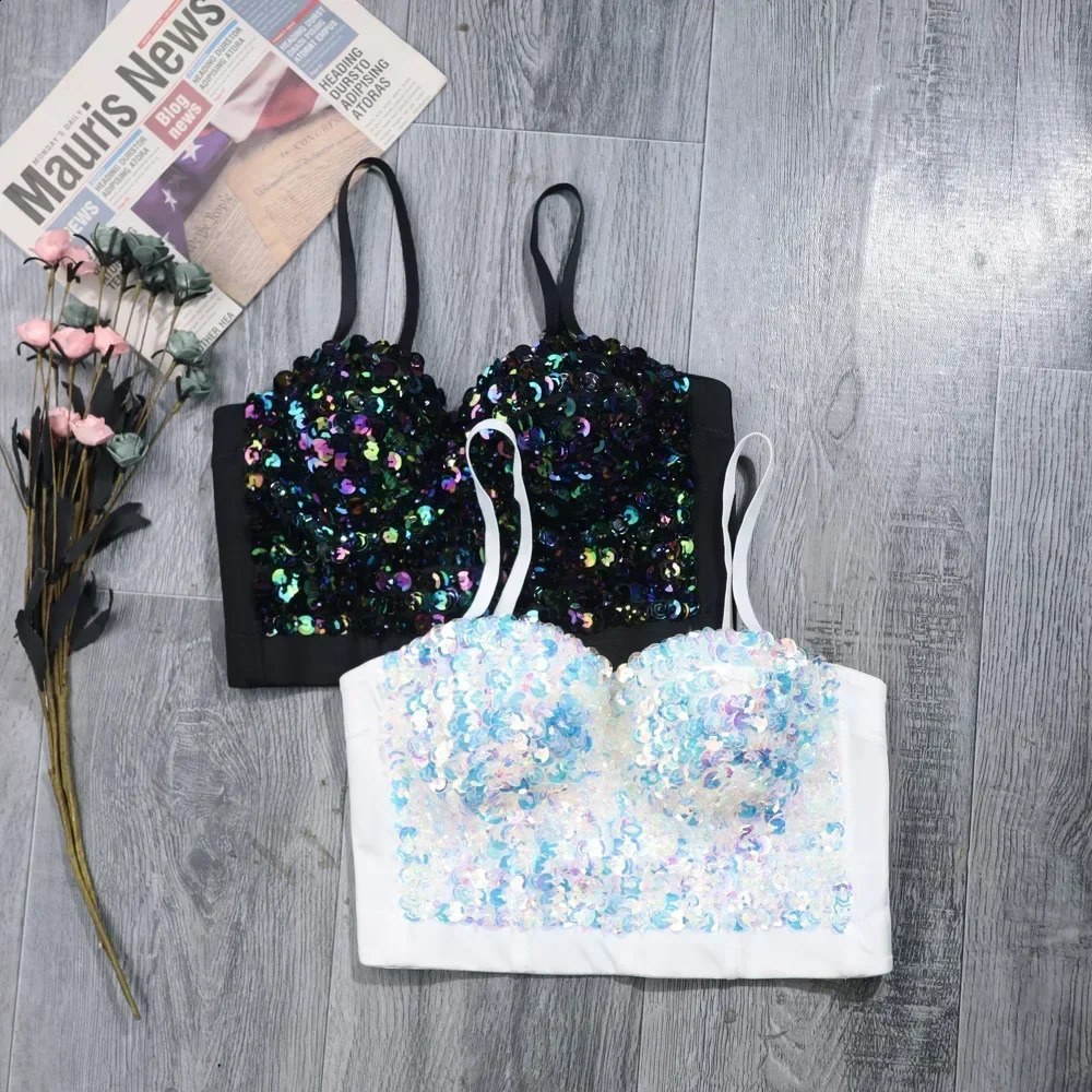 Punk Corset Diamond Tank Top Women Bra Stage Party Camis Sequin Shirt Woman Clothes y2k Blouse Crop Tops Ladies Shaper 250224