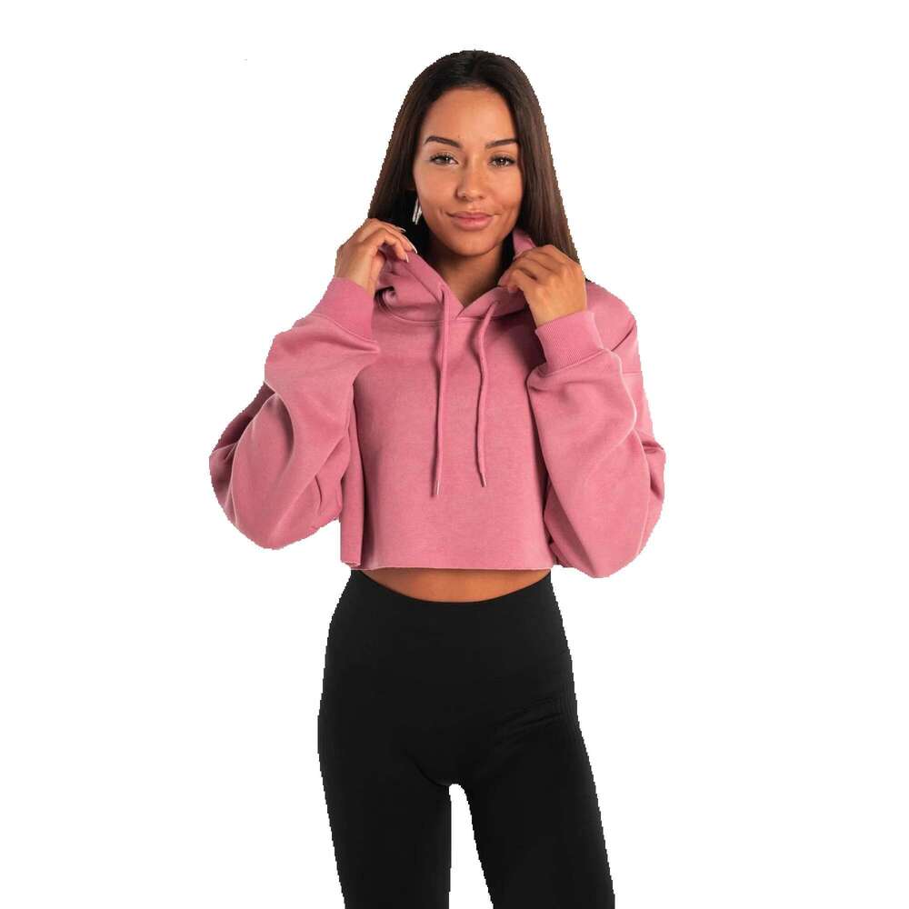 Wholesale Women's Beige Cropped Hoodie Short Length Silk Pullover Custom Long Sleeve Printed Winter Sports Gym Hooded