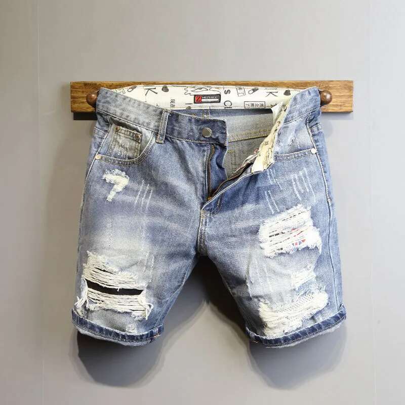 Men's Jeans Summer Light Blue Ripped Cat Whisker Patch Letter Print Slim Denim Shorts Teenagers Boys And Girls Cowboy Short Pants