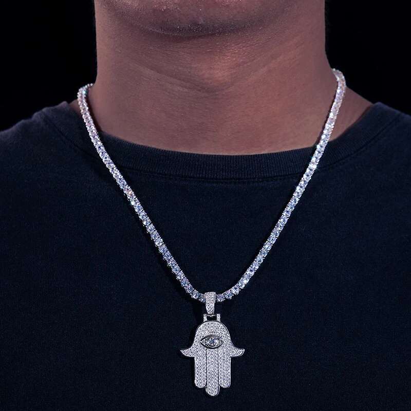 D VVS Moissanite Hamsa Hand Evil Eye Pendant Necklace For Women Men Iced Out Cuban Chain Sterg Sier Hip Hop Jewelry