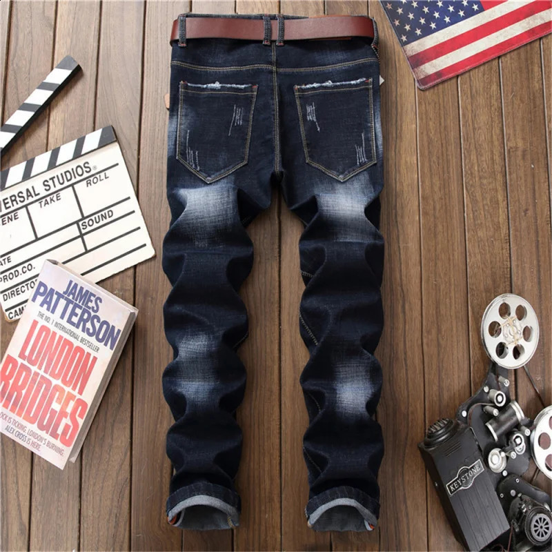 blue slim fit MENS jeans fashionable straight cut hole patch worn out casual versatile washed comfortable denim pants 250228